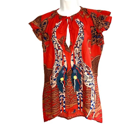 Connor & Blake Red Cotton Printed Boho Tunic Blouse Tassel Tie Neck Size S